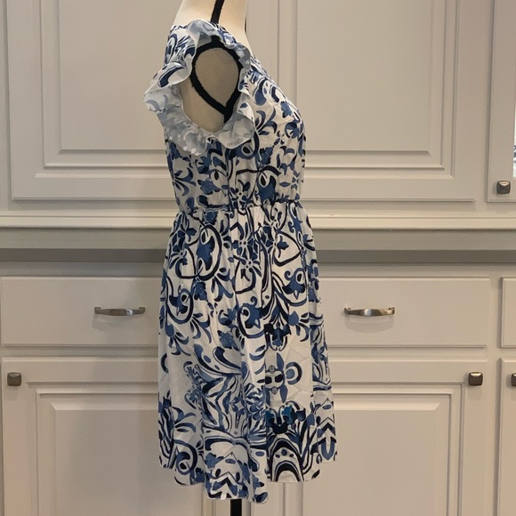 Emery Rose ~ Blue & White Ruffle Sleeve Elastic Waist Fit & Flare Dress Sz Small - Picture 5 of 11